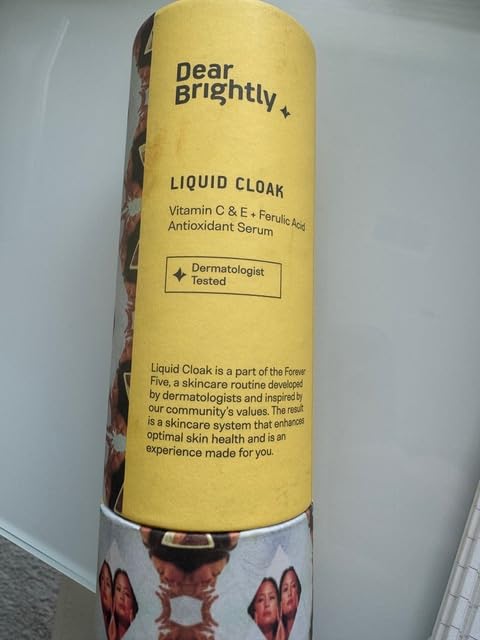 Vitamin C Serum with Ferulic Acid and Vitamin E for Glowing Radiant Skin by Dear Brightly, Liquid Cloak Facial Serum for Sensitive Skin, Refillable Glass Bottle, 0.7 fl oz