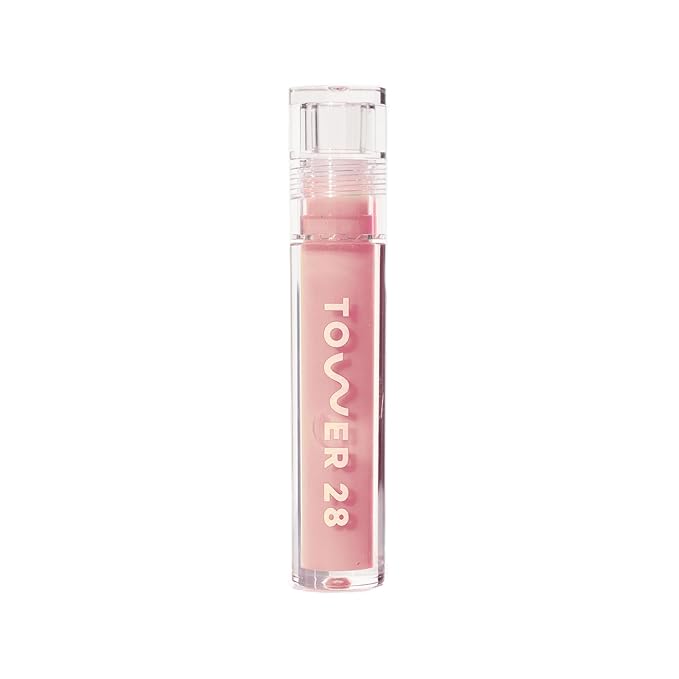 Tower 28 ShineOn Milky Lip Jelly, OAT | Non-Sticky, Vegan Lip Gloss in Milky Peachy Pink | Apricot and Raspberry Seed Oil | Moisturizing, Clean, Cruelty Free