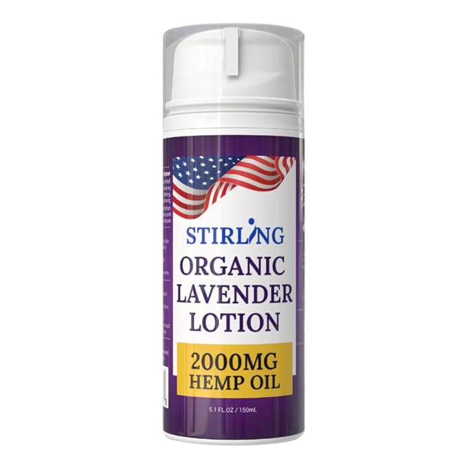 STIRLING Lavender Lotion β Organic Lavender with 2000mg Hemp Oil, Aloe Vera, and Vitamin E β Nourishing and Moisturizing Body Lotion for a Soft and Smooth Feel