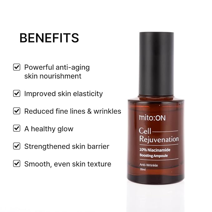 Mito-on Cell Rejuvenation Anti-Aging Serum, 30ml / 1.01 fl.oz –10% Niacinamide, Vitamin B3 and Antioxidants, Centella + EGF for Anti-Aging, Wrinkle Reduction, Pore minimization, Korean Skin Care