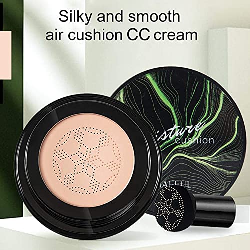 Mushroom Head Air Cushion CC Cream Natural Foundation,Phoera Powder, Bright Makeup Base Long Lasting with Makeup Sponge and Flat Top Kabuki Foundation Brush (# 02 Natural)