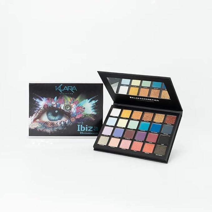 24 Shade Eyeshadow Palette Ibiza glamorous shimmers bold mattes strong pastel tones long lasting full pigment