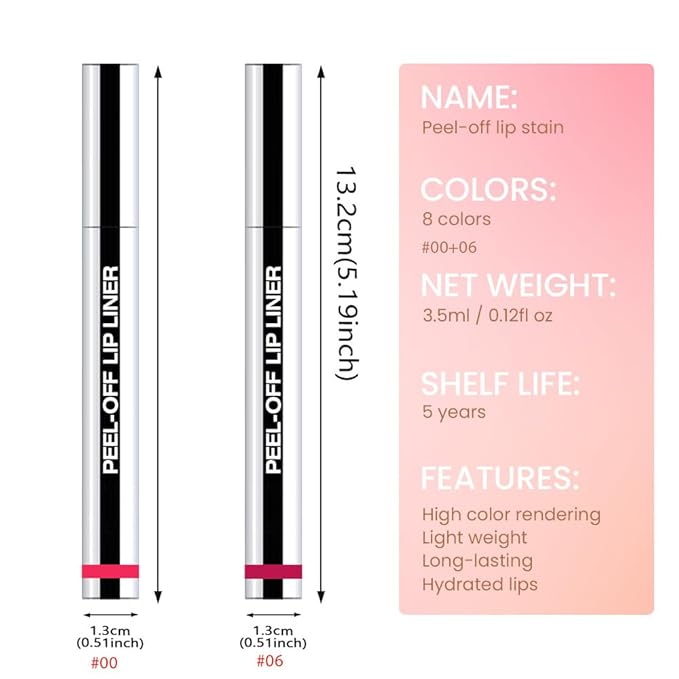 2 Pcs Matte Liquid Lip Stain Peel Off Lip Liner, Long Lasting Lip Tattoo, Waterproof & Transfer-Proof Lip Liner Peel Off Lip Gloss for All Skin Types. 0.12 fl oz #00+#06