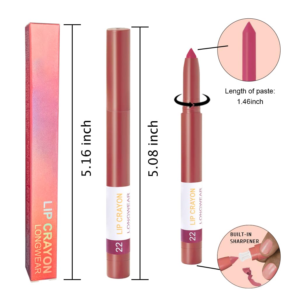 BINGBRUSH Lip Crayons Matte Longwear Lipstick Pack Set,Moisture Smooth Lipliner With Built-in Sharpener Ultimate Super Stay Ink Lip Crayon for Makeup-Waterproof Velvet Lipgloss Lip Stain(22#Maroon)