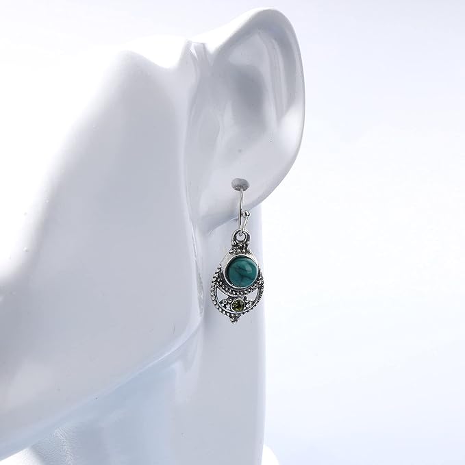 Boho Ethnic Turquoise Drop Earrings Silver Teardrop Turquoise Earrings Gemstone Hook Earrings Retro Drop Dangle Earrings Jewelry for Women and Girls