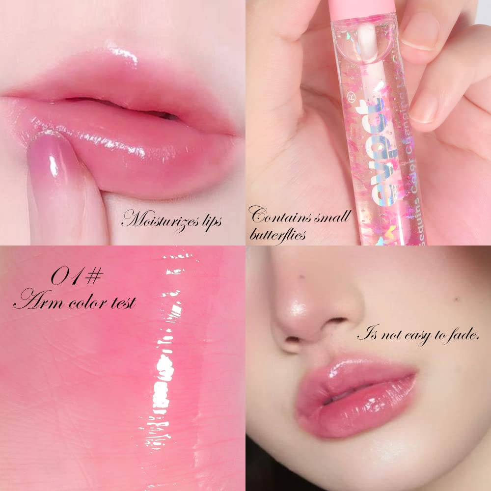 evpct 3Pcs Clear Color Changing PH Tinted Lip Gloss Sets for Women, Pink Mood Lip Oil Gloss Balm Tint Stain Glaze Pack Hydrating 0.34 fl.oz *3