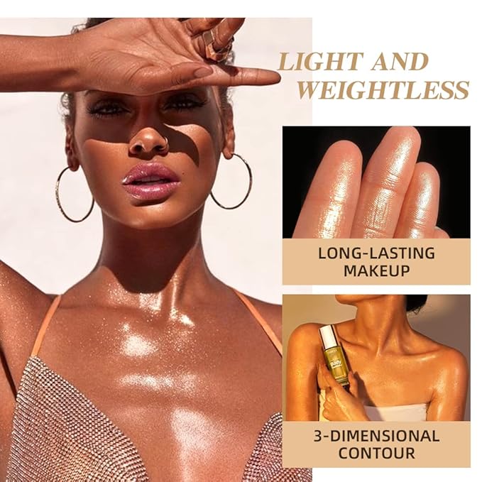 40ml Body Shimmer Oil,Liquid Body Illuminator, Waterproof Moisturizing And Glow For Face & Body, All-In-One Makeup Liquid Illuminator, Summer Body Luminizer,Makeup Brush Include (05#Gold)