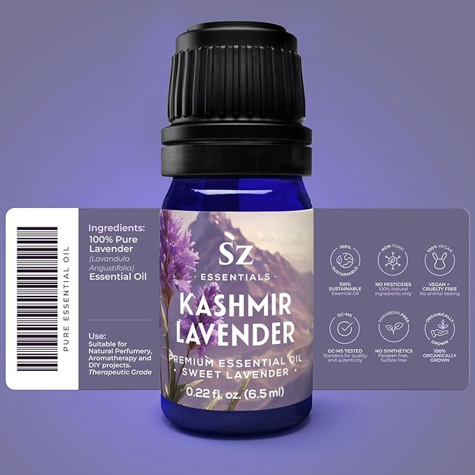 Kashmir Lavender Essential Oil β 100% Pure & Undiluted β Sweet Floral Scent for Relaxation, Aromatherapy, Self-Care, Natural Perfumery β Vegan & Therapeutic β 0.22 fl oz (6.5 mL)