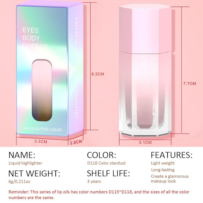 evpct Rose Gold Stardust Liquid Face Highlighter Makeup Waterproof Long Lasting Halographic Pink Glitter Shimmer Body Iridescent Highlighter Makeup Palette Stick