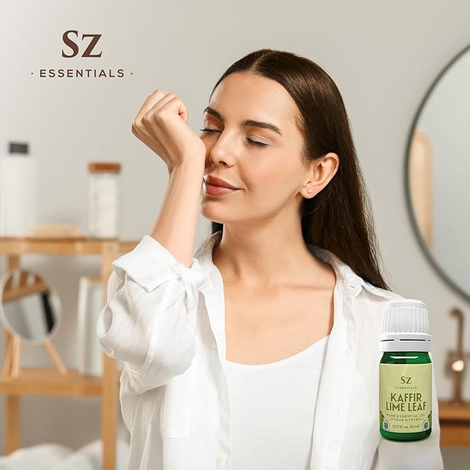 Kaffir Lime Leaf Essential Oil -100% Pure and Undiluted - Extracted from Citrus Hystrix Leaves - Earthy & Citrusy Scent with Fruity Overtones - Therapeutic Grade & Vegan - 0.17oz (5ml)