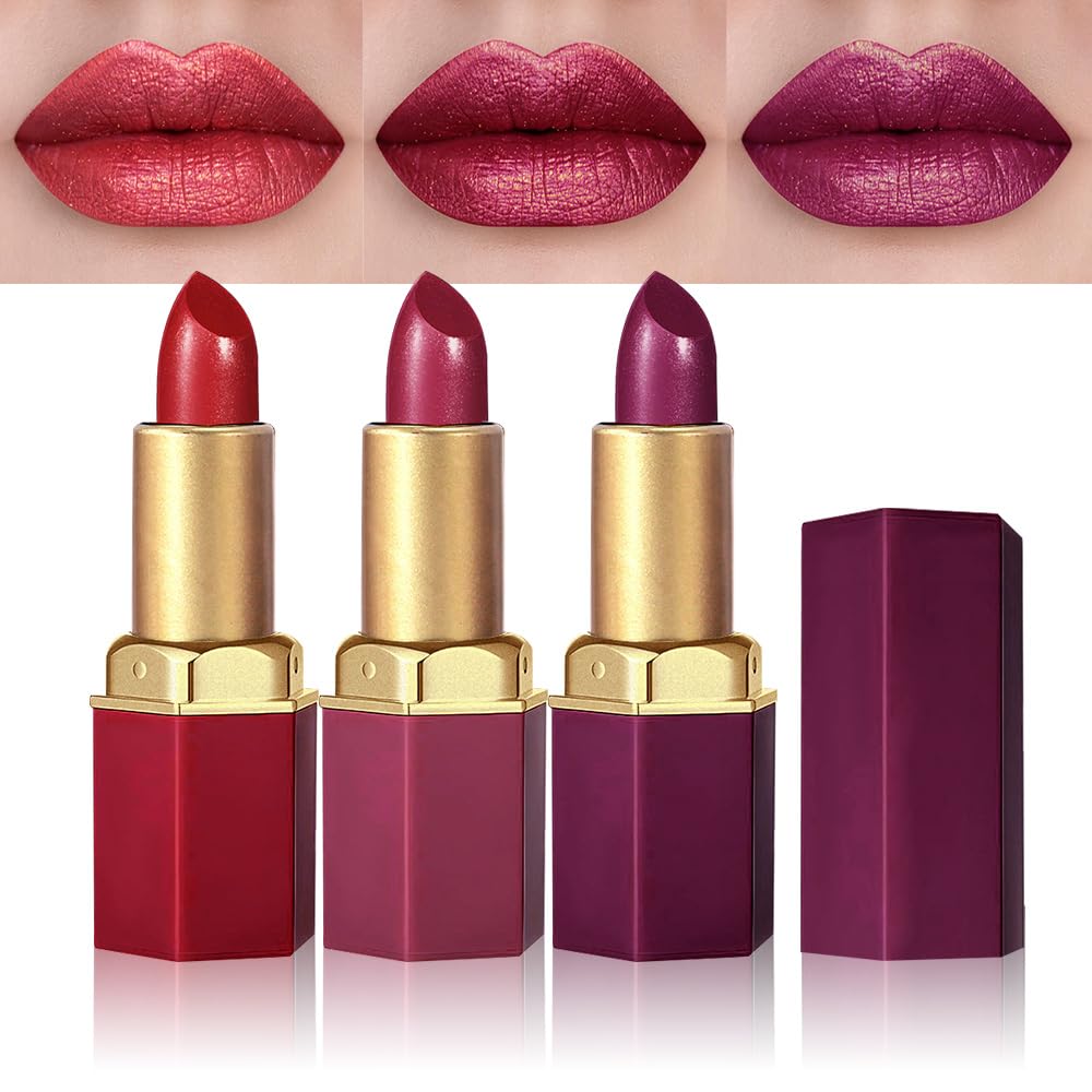 3Pcs Metallic Lipstick for Women,Lightweight Shimmer Frosted Lipstick,Glitter Lip Gloss Stain Long Lasting Waterproof Smudge Proof 24 Hour Full Coverage Lip Makeup,Vegan(10,11,12)
