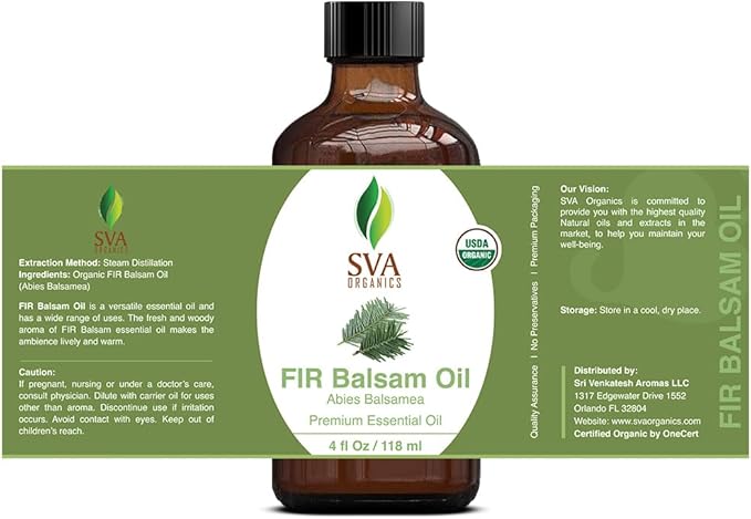 SVA Fir Balsam Essential Oil Organic – 4 Fl Oz – 100% Natural Organic Fir Oil - for Diffuser, Hair Care, Face, Skin Care, Aromatherapy, Scalp and Body Massage, Soap and Candle Making – with Dropper