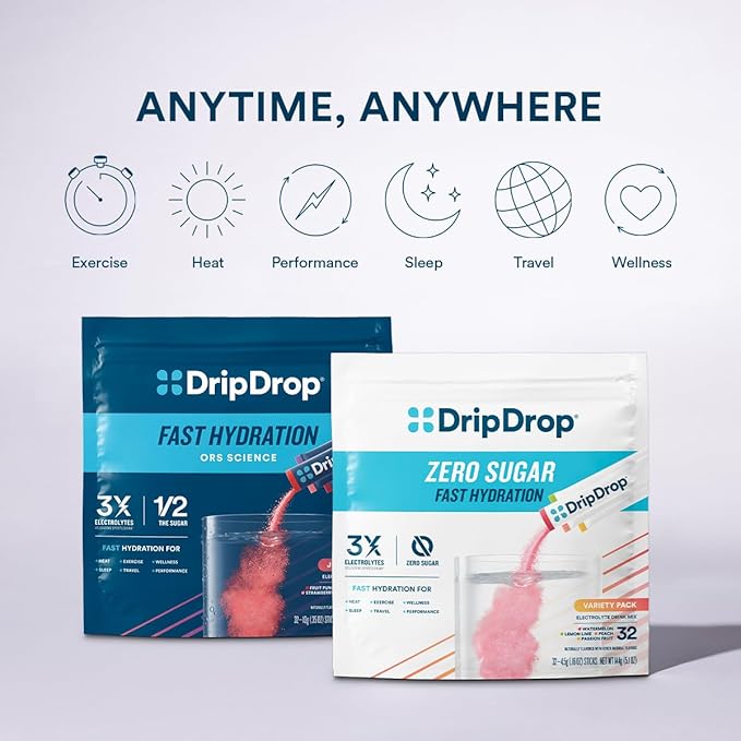 DripDrop Sugar Free Hydration Packets - Zero Citrus Variety Pack - Single Serve Electrolytes Powder Drink Mix - Cherry Limeade, Citrus, Orange, Strawberry Lemonade - Non-GMO, Gluten Free - 32 Sticks