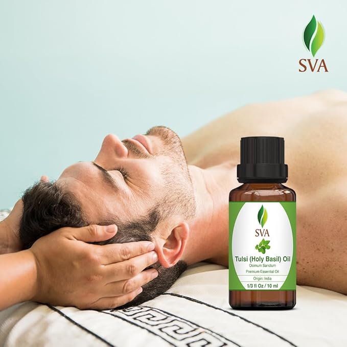 SVA Holy Tulsi Essential Oil – 1/3 Fl Oz – 100% Natural Tulsi Oil - for Diffuser, Hair Care, Face, Skin Care, Aromatherapy, Scalp and Body Massage, Soap and Candle Making
