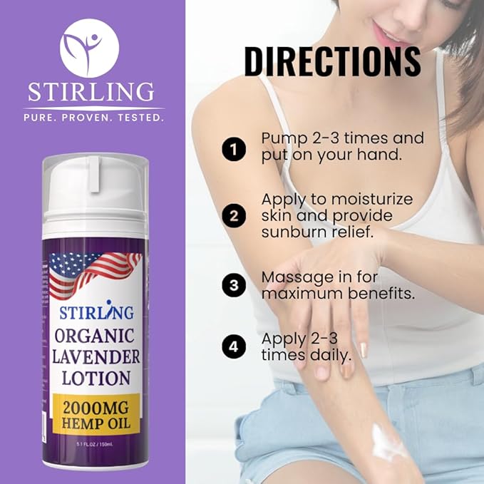 STIRLING Lavender Lotion β Organic Lavender with 2000mg Hemp Oil, Aloe Vera, and Vitamin E β Nourishing and Moisturizing Body Lotion for a Soft and Smooth Feel