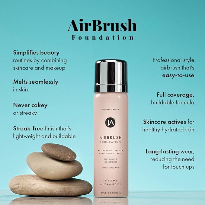 MagicMinerals AirBrush Foundation by Jerome Alexander – 2pc Set with Airbrush Foundation and Kabuki Brush - Spray Makeup with Anti-aging Ingredients for Smooth Radiant Skin - Light