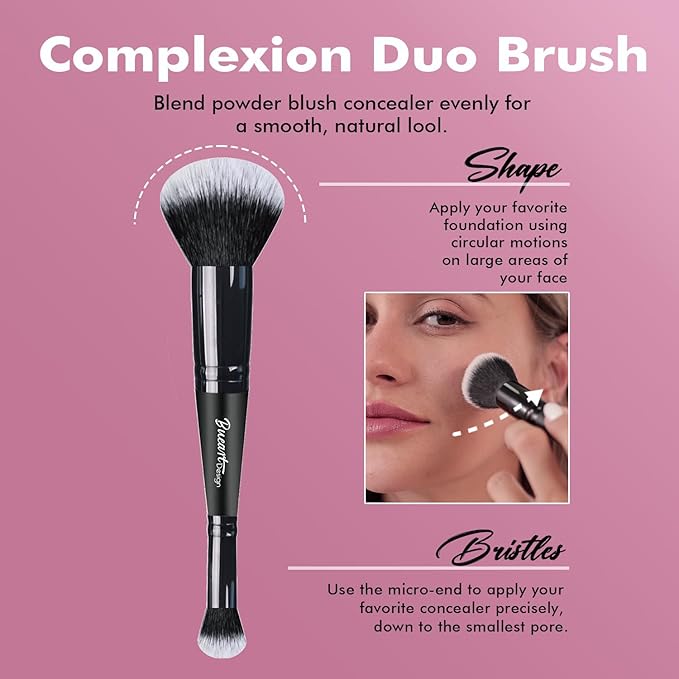 Bueart Design Complexion Duo Brush and Liquid & Bronzer Contour Makeup brushes set with ultra-soft dense hair Double-ended for Foundation Liquid Cream Concealer,Vegan and Cruelty-Free,M18