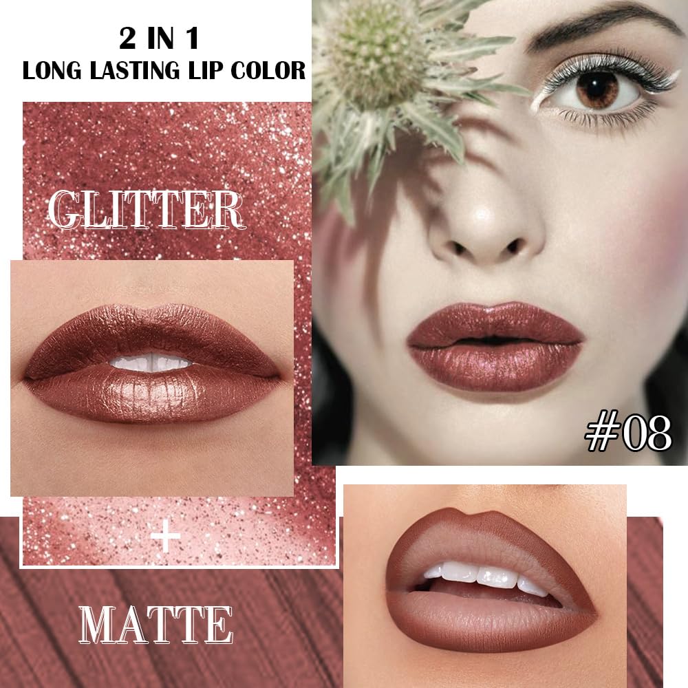 Kaely 2-in-1 Brown Metallic Lipstick and Lip Liner, Shimmer Liquid Metallic Lipsticks for Women, Glitter Lip Gloss Stain Long Lasting Waterproof Smudge Proof 24 Hour, Vegan Makeup, 08
