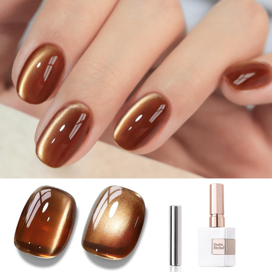 Double Rhythm Cat Eye Gel Polish with Magnet 15ML Holographic Glitter Shimmer Translucent Sheer Color Glass Brown Magnetic Gel Polish Salon DIY at Home (Fall Brown-MC1113)