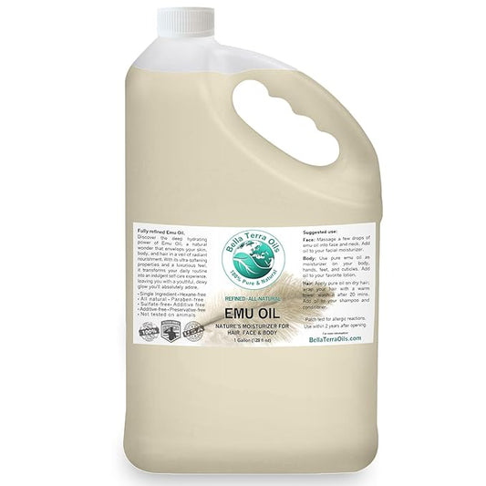 Bella Terra Oils Pure Emu Oil - 1 gallon. For Enhanced Skin Hydration and Smoothness – Lightweight, Non–Greasy