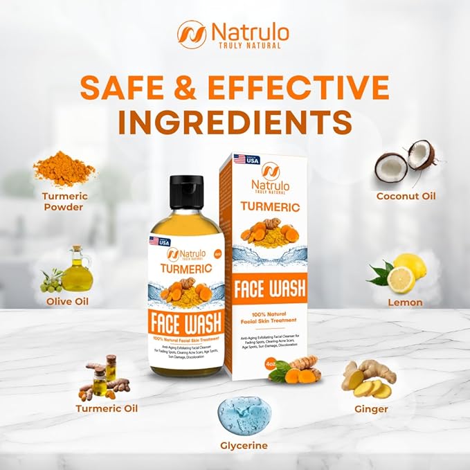 Natrulo Turmeric Face Wash, 4oz Clear Skin Liquid Soap – 100% Natural Anti Aging Exfoliating Turmeric Facial Cleanser for Fading Spots, Clearing Acne Scars, Age Spots, Sun Damage, Discoloration