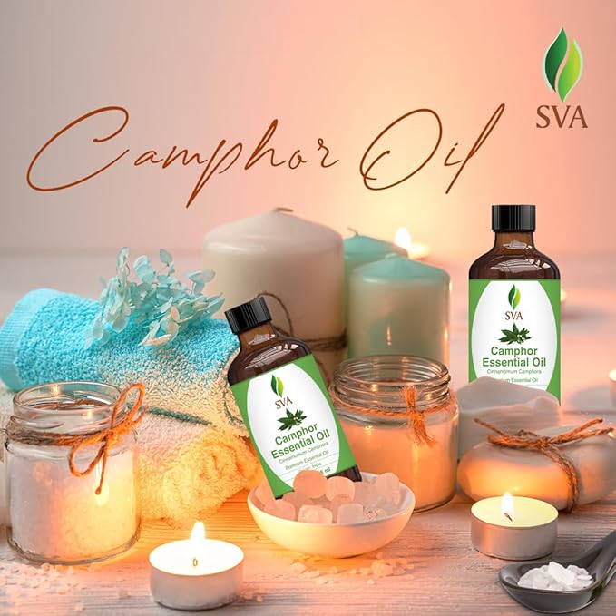 SVA Camphor Essential Oil – 4 Fl Oz – 100% Natural Camphor Oil - for Diffuser, Hair Care, Face, Skin Care, Aromatherapy, Scalp and Body Massage, Soap and Candle Making – with Dropper