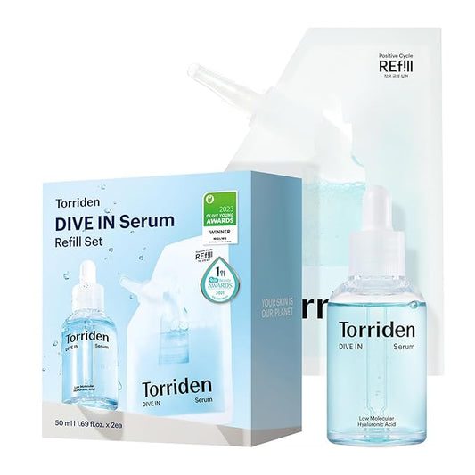 Torriden DIVE IN Serum 1.69 fl oz + refill pouch 1.69 fl oz | Deep Hydration to Get Glow Skin | Hyaluronic Acid, Panthenol, Allantoin | Korean Facial Serum