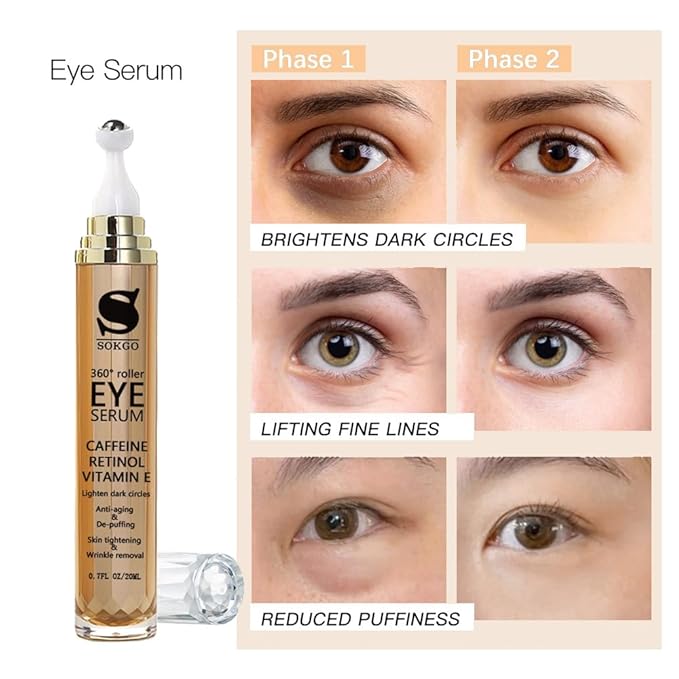 Caffeine Eye Serum Anti Aging, Retinol Eye Serum with 360° Massage Ball for Dark Circles and Puffiness, Deeply Moisturizing, Firms and Lifts Eye Skin, Enhance Skin Elasticity, Smooth Fine Lines