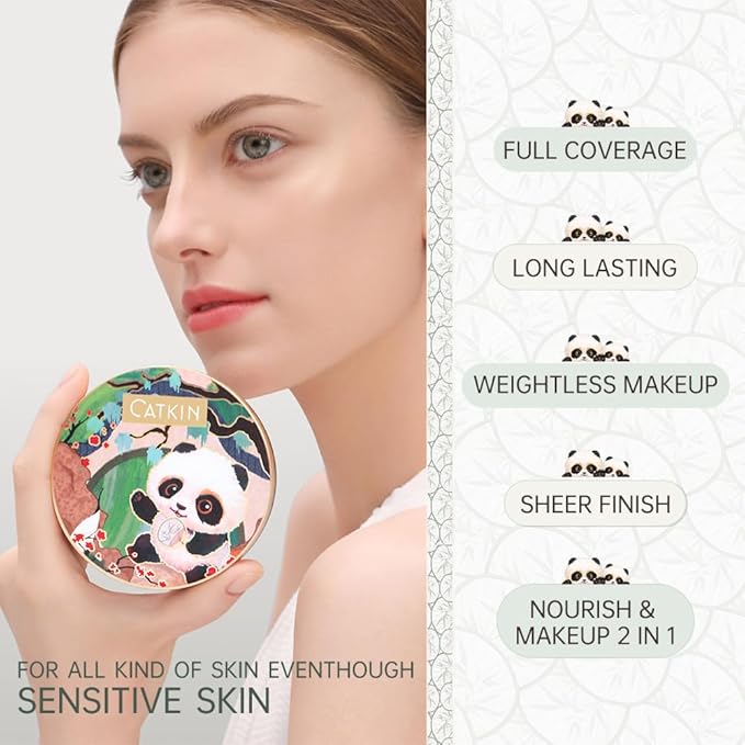 CATKIN Panda Land Full Coverage Cushion Fondation, Breathable Hydrating Nourishing Poreless Face Makeup Save for Sensitive Skin,Sheer Finish (C02 Light Beige)