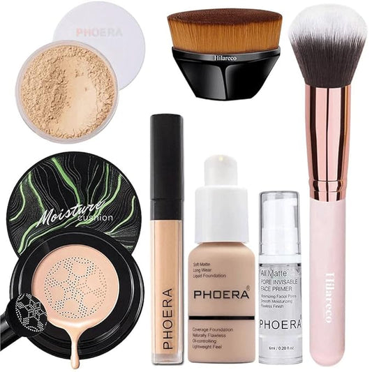 Mushroom Head Air Cushion CC Cream Natural Foundation,PHOERA Foundation,PHOERA Concealer, PHOERA Primer, PHOERA Powder, Kabuki Makeup Brushes Foundation (101 Porcelain+01 Ivory CC)