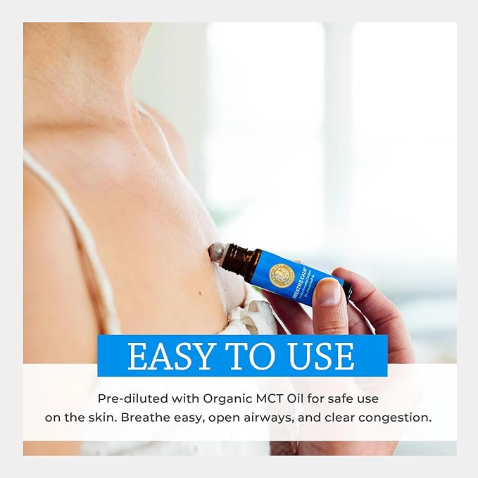 Silk Road Organic Breathe Calm Essential Oil Breathe Easy Blend Roll On, 100% Pure USDA Certified Aromatherapy for Cold, Cough, Congestion, Allergy Relief, & Wellness - 10 ml Roller