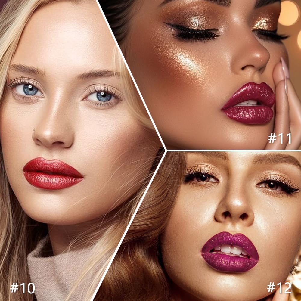 3Pcs Metallic Lipstick for Women,Lightweight Shimmer Frosted Lipstick,Glitter Lip Gloss Stain Long Lasting Waterproof Smudge Proof 24 Hour Full Coverage Lip Makeup,Vegan(10,11,12)