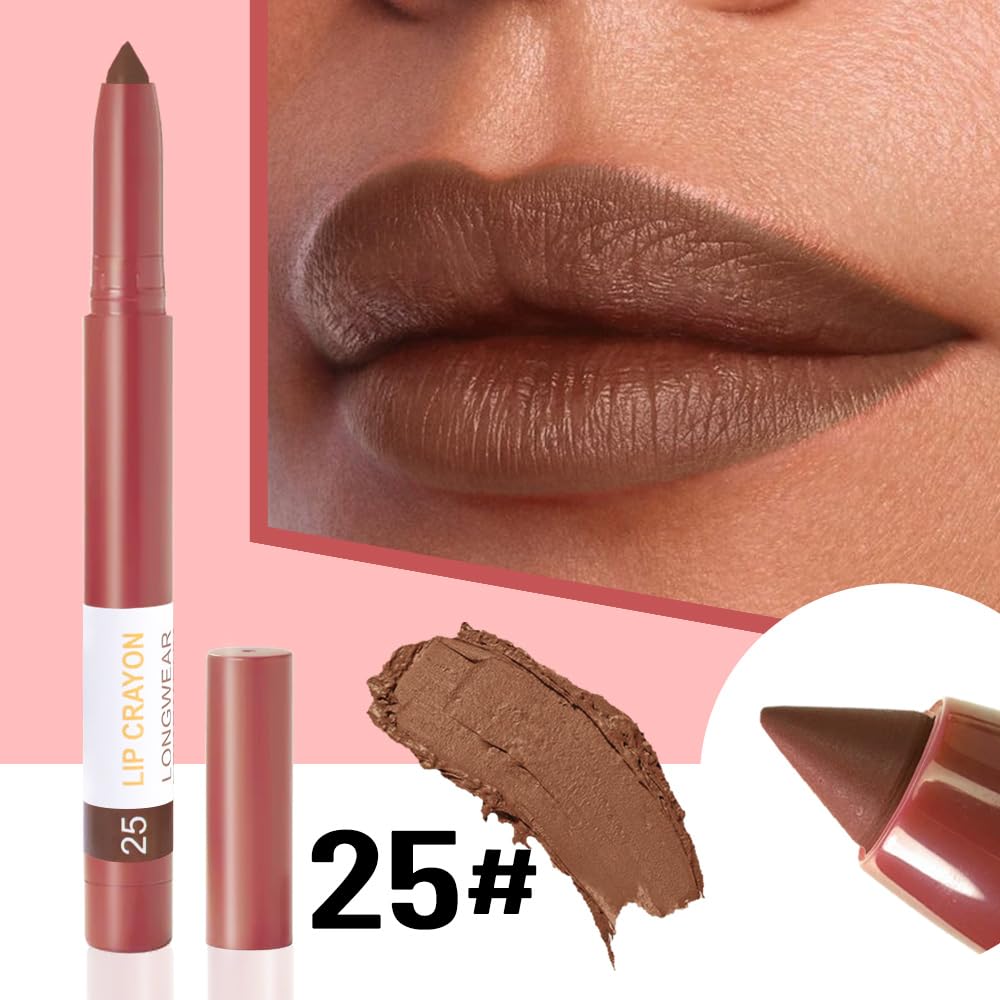 BINGBRUSH Lip Crayons Matte Longwear Lipstick Pack Set,Moisture Smooth Lipliner With Built-in Sharpener Ultimate Lip Crayon for Makeup- Waterproof Velvet Lipgloss Lip Stain(25#Saddle Brown)
