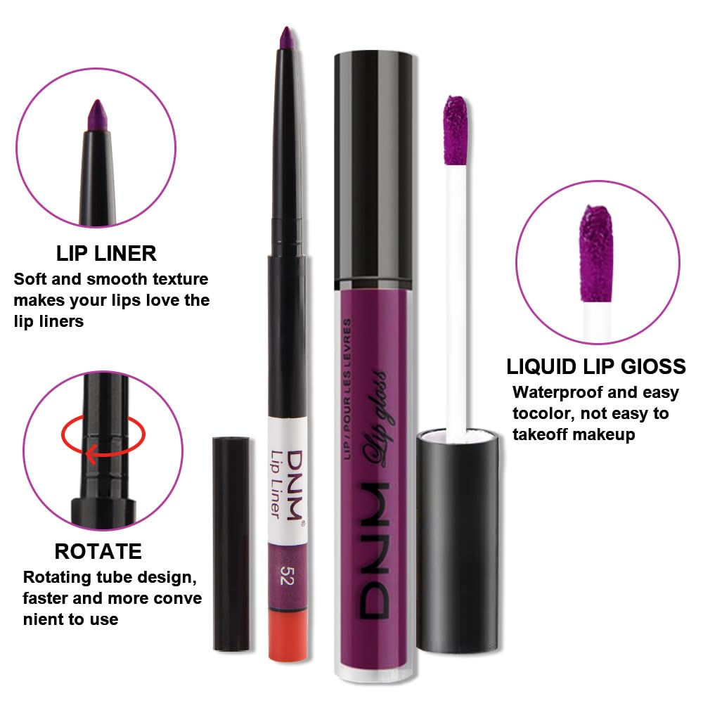evpct 2Pcs Purple Matte Liquid Lipstick Lip Gloss Stain and Retractable Lip Liner Makeup Set for Women Long Lasting Waterproof 24 Hours Permanent Lipstick labial mate larga duracion 24 52#