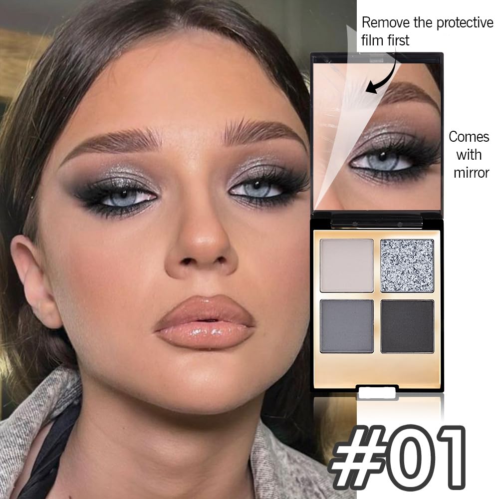 4 Colors Eyeshadow Makeup Palette,Black Gray Natural Neutral Nude Smoke Eye Shadow Palette with Mirror,Long Lasting Naturing-Looking,Waterproof,Travel Size