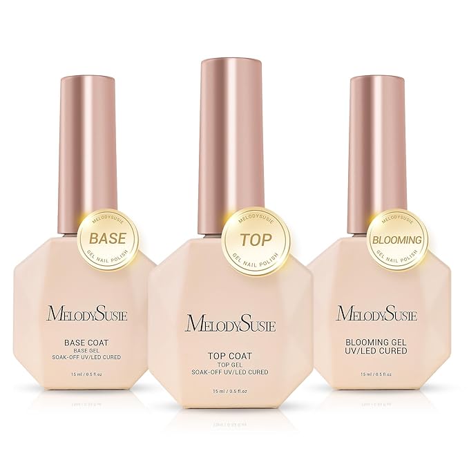MelodySusie No Wipe Glossy Top Coat Base Coat Blooming Gel Set Long Lasting Shine Finish Soak Off UV LED Nail Lamp Nail Art Design Manicure Kit Perfect Gifts for Women Girls 3 Pcs 15ml Clear