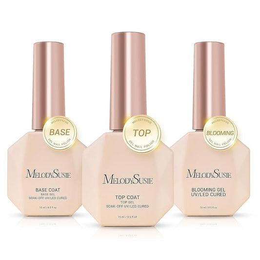 MelodySusie No Wipe Glossy Top Coat Base Coat Blooming Gel Set Long Lasting Shine Finish Soak Off UV LED Nail Lamp Nail Art Design Manicure Kit Perfect Gifts for Women Girls 3 Pcs 15ml Clear