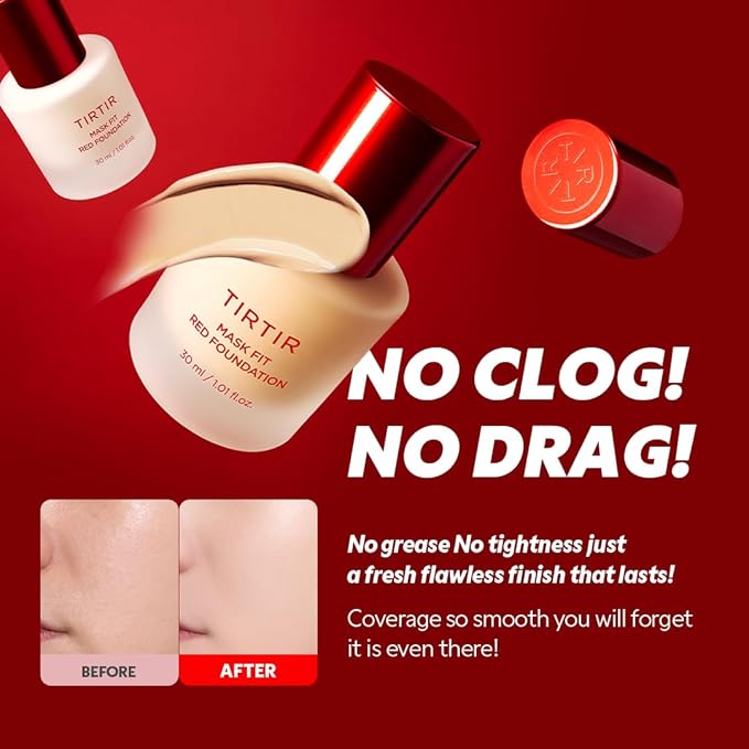 TIRTIR Mask Fit Red FoundationㅣLong Lasting Flawless Coverage, Energy Essence, Lightweight, Hydrating, Pore-Blurring, Breathable Satin Finish, Makeup, Radiant Skin, #22N Shell Beige, 1.01 Fl Oz