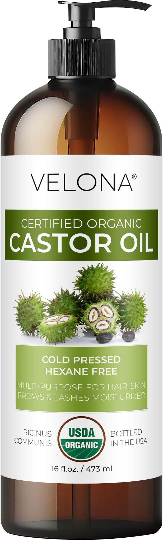 velona USDA Certified Organic Castor Oil - 16 fl oz (With Pump) | For Hair Growth, Boost Eyelashes, Eyebrows | Cold pressed, Natural Oil, USP Grade | Hexane Free, Lash Serum, Caster