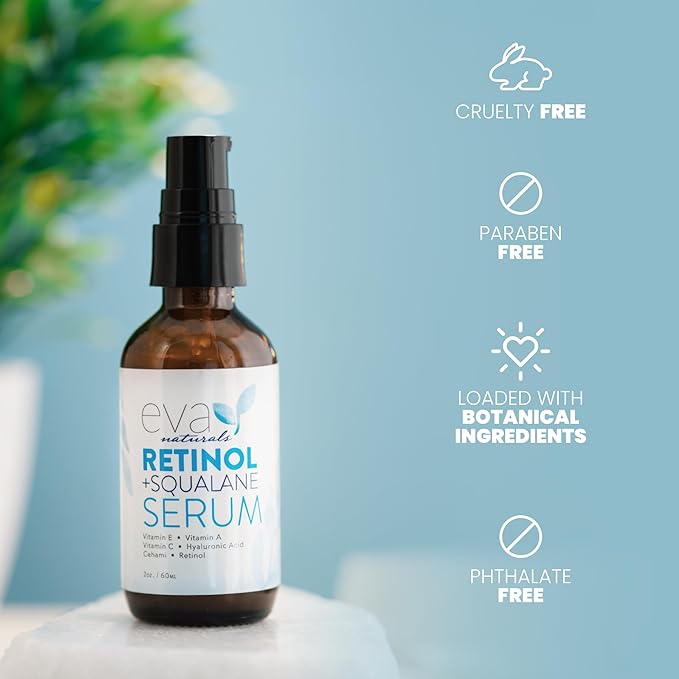 Eva Naturals Retinol + Squalane Serum – Anti Aging Face Serum for Wrinkles, Collagen Boost, Eye & Night Use – Retinoid Skin Care for Acne, Pores, Dark Spots & Sensitive Skin
