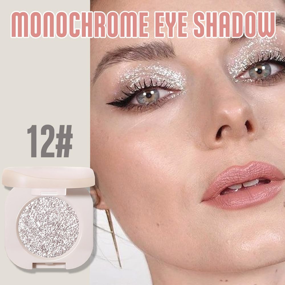 Glitter Shimmer Sparkle Eyeshadow Palette Makeup for Old Women, Silver Glitter Shimmer Metallic Holographic Multichrome Cream Iridescent Single Monochrome Eye Shadow Makeup, 12