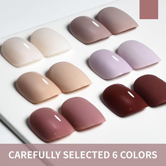 JODSONE 10ml Nude Pink Gel Nail Polish Set 6Colors Long Lasting Neutral Brown Red Purple Nail Polish Lacquer Glossy Art for Nail and Salon Need U V Lamp