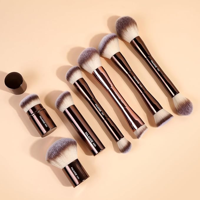 MAANGE 7pcs Makeup Brush Set Double Sided Kabuki Makeup Brushes Contour Brush for Foundation Liquid Powder Concealer Cream Cosmetics Bronzer Blending Blush Buffing Makeup Tools (Coffee)