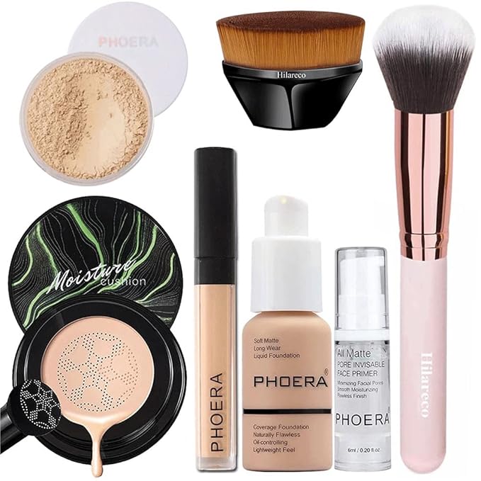 PHOERA Foundation Full Coverage Makeup, Mushroom Head Air Cushion CC Cream Natural Foundation Set,PHOERA Concealer, PHOERA Primer, PHOERA Powder, Foundation Brushes (103 Warm Peach+ 03 Warm Nude CC)