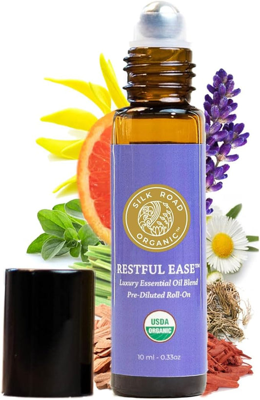 Silk Road Organic Restful Ease Essential Oil Sleep & Stress Blend Roll On - 100% Pure USDA Certified with Indian Sandalwood - Stress Ease Aromatherapy & Calming Relaxation - 10 ml Roller