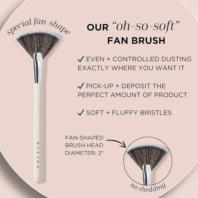 HALEYS Fan Brush VEGAN+CRUELTY-FREE, Sustainable Wood, Vegan Bristles for Airbrushed Finish, For highlighter application, Streak-free, Perfect Blending, Blurs, Smooths with Control