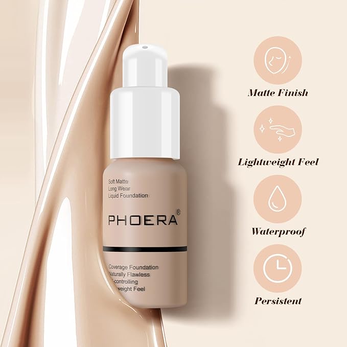 PHOERA Foundation Full Coverage Liquid Foundation Cream - Long-lasting Lightweight Concealer - Oil-Free Formula - Natural Shade - Suitable for All Skin Types (Nude #102)
