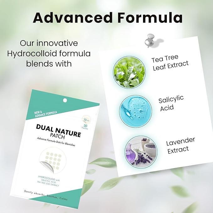 Dual Nature Advanced Formula Hydrocolloid Blemish Patches 12mm - Infused with Tea Tree Leaf, Lavender Extract & Salicylic Acid - Fights Blemishes, Soothe and Calms - Skin All Skin Types (30 Count)