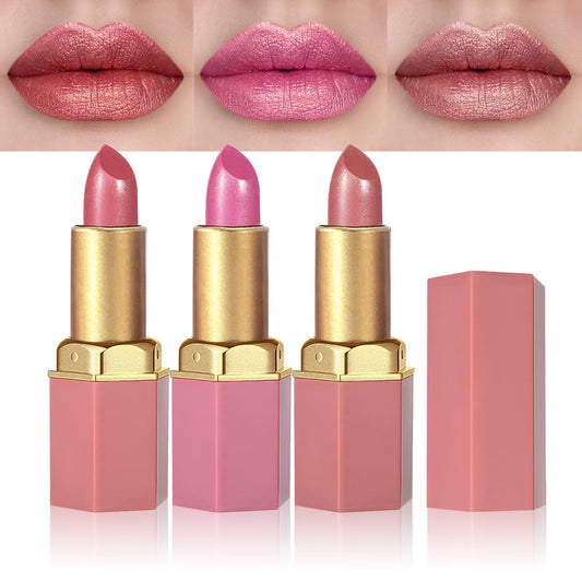 3Pcs Nude Pink Metallic Lipstick Lip Gloss for Women Set,Lightweight Shimmer Frosted Long Lasting Lipstick,Glitter Lip Stain Waterproof Smudge Proof 24 Hour Full Coverage Lip Makeup,Vegan(07,08,09)