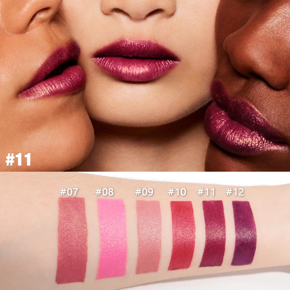 3Pcs Metallic Lipstick for Women,Lightweight Shimmer Frosted Lipstick,Glitter Lip Gloss Stain Long Lasting Waterproof Smudge Proof 24 Hour Full Coverage Lip Makeup,Vegan(10,11,12)